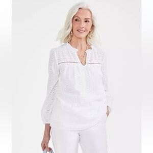 Style & Co Long  Cottagecore Peasant Sleeve Eyelet Sunmer Beach Blouse XL